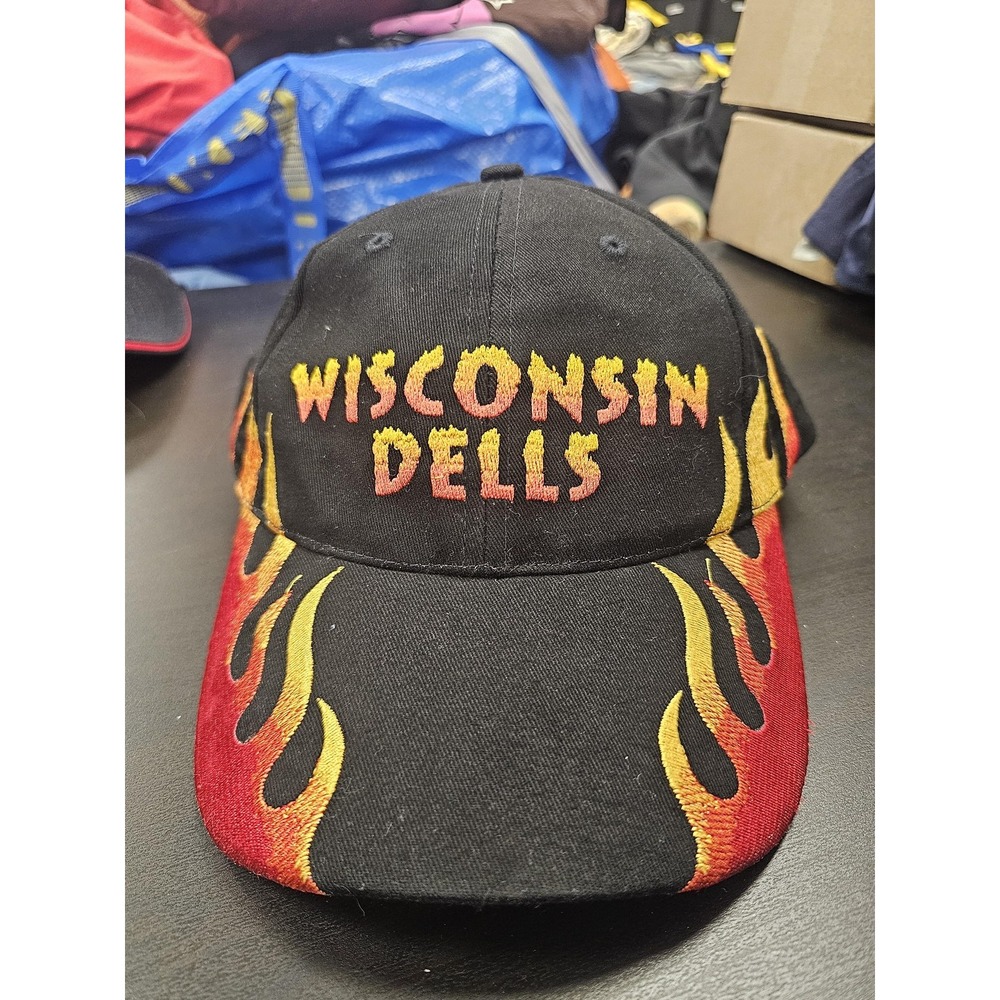 Wisconsin Dells Hat Cap Strap Back Black Flame Embroidered Hats One Size Mens‎
